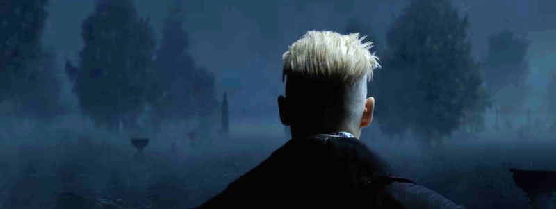 The back of the head of Grindewald, played by Johnny Depp.